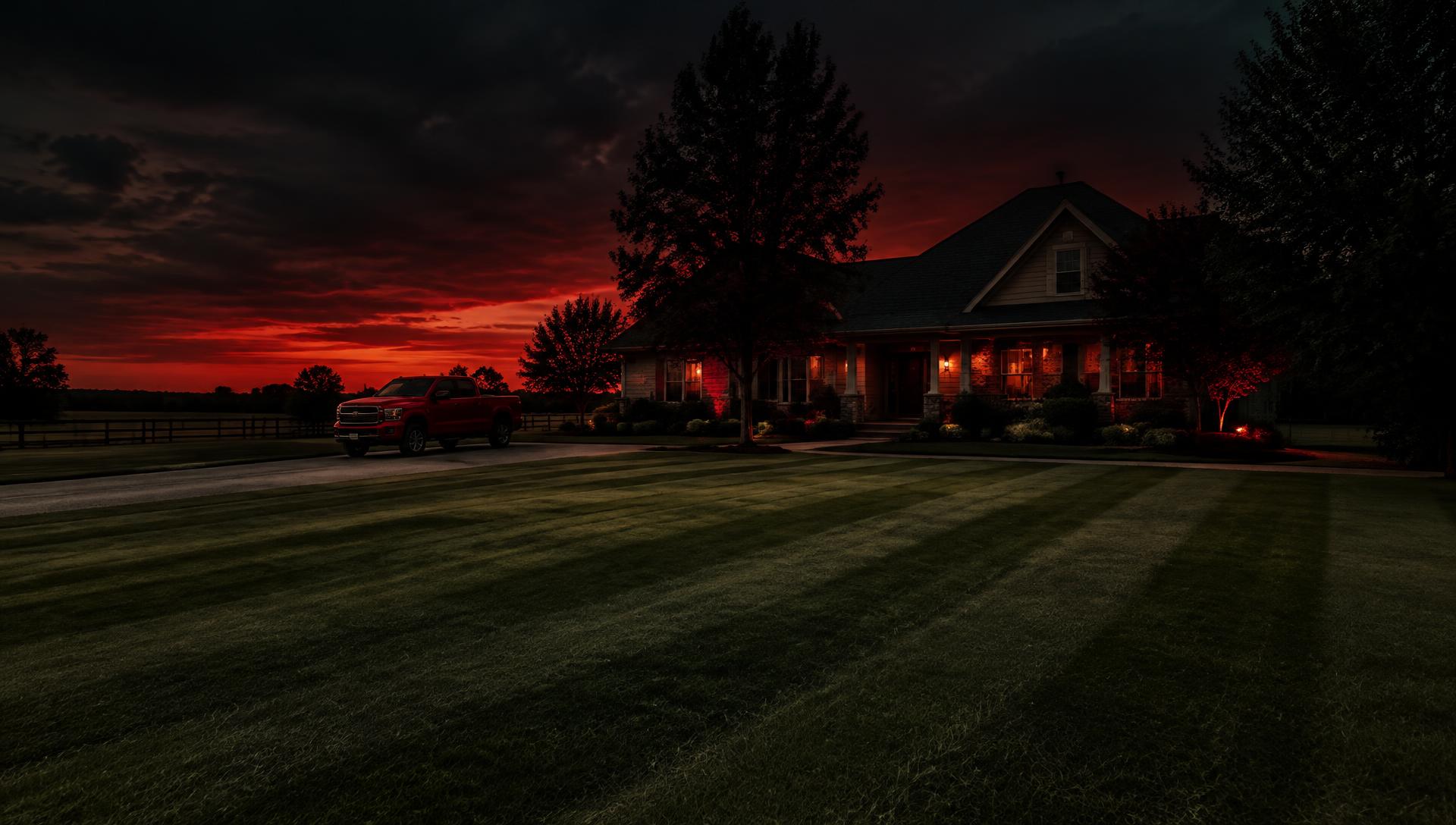 Freshly striped lawn at dusk in Bartlesville, Oklahoma